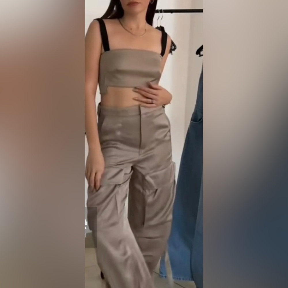 ZARA Soft Gold Satin Effect Cargo Pants Size Medium 2217/965/111/15